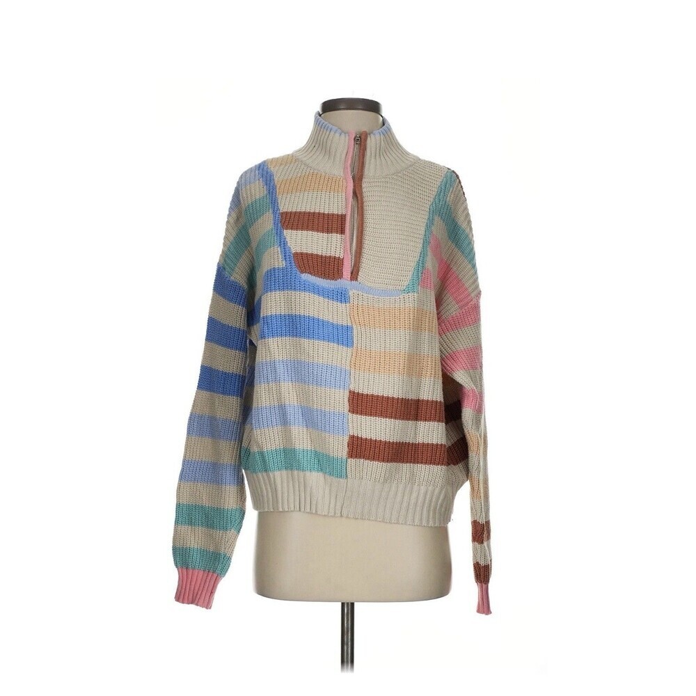 Flat White Size Small 80s Striped 1/4 Zip Sweater Oversized Hamptons East Coast